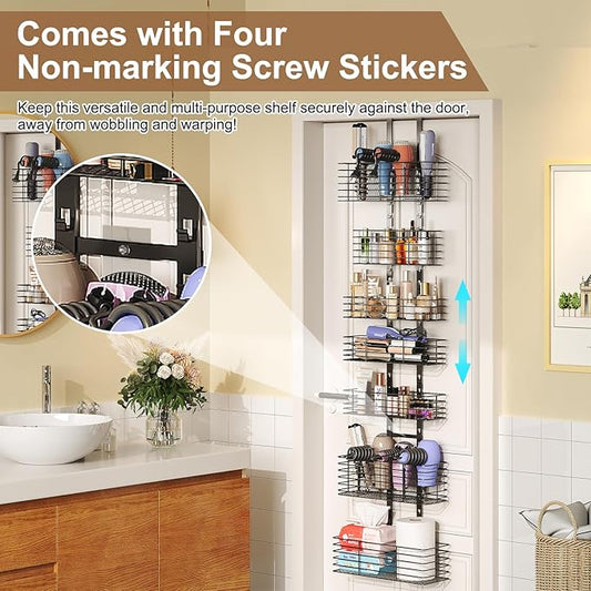 7-Tier Over The Door Organizer, Shower Caddy Hanging &Wall Mounted Hair Tool Organizer/Hair Dryer Holder Adjustable, Behind Door Storage for Bathroom Bedroom Closet Cabinet Pantry Kitchen