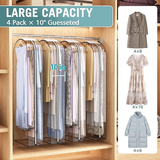 Clear Garment Bag for Hanging Clothes 10” Gusseted, 60” Suit Bags for Open Closet Storage Plastic Clothes Cover for Coat, Dress, Shirts, Fur, Jacket, Wardrobe Protectors, 4 Pack