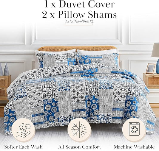 Southshore Fine Living, Inc. Reversible Patchwork Duvet Cover King Size Set, California King Duvet Cover Boho Set, Hotel Quality Bedding King/Cal King, 2 Blue Pillow Shams - Global Patchwork Blue