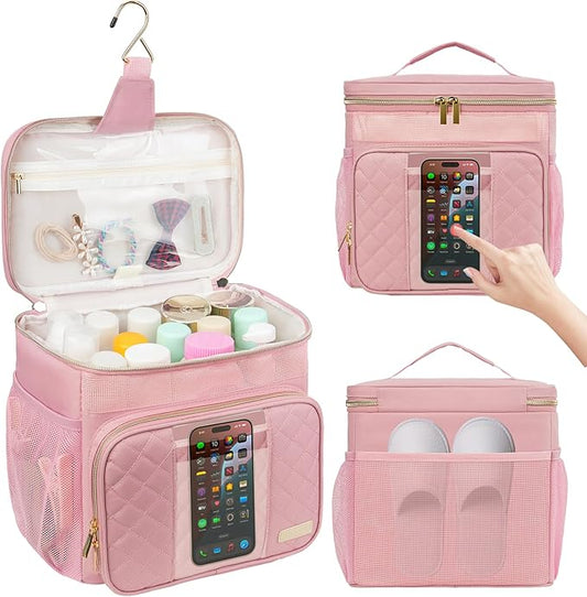 Portable Shower Caddy (Full Size Bottle Compatible),Travel Shower Tote Bag with Quick Dry Mesh Base,Hanging Toiletry Cosmetic Bag for Gym,College,Camping & Dorm, Pink