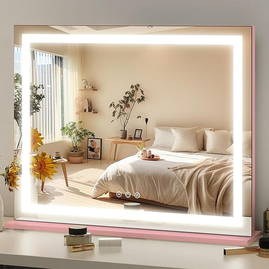 FENNIO Vanity Mirror with Lights 23"x18", Lighted Makeup Mirror, Large Vanity Mirror, Touch Sensor with 3-Color Lighting, 10X Magnification and USB Charging Port for Vanity Desk(Square Pink)