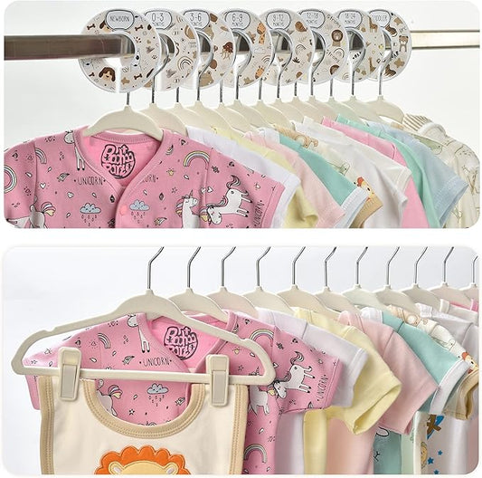 Velvet Baby Hangers with 10x Clips and 8X Dividers (30 Pack) | 11” Ultra-Slim Baby Clothes Hangers | Non-Slip Felt | Space-Saving Nursery & Infant Closet Organizer | Beige