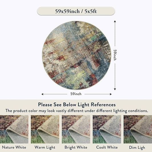 Lahome Modern Abstract Round Rug 5ft - Washable 5x5 Circle Rugs for Bedroom Dining Table Non Slip Non-Shedding, Soft Floor Carpet for Living Room Nursery Dorm Kitchen,Red/Multi