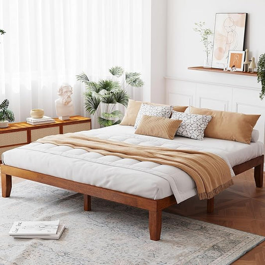 Giantex 14 Inch King Wood Platform Bed Frame, Minimalist Style Mattress Foundation with Solid Rubber Wood, Heavy Duty Slat Support, Without Headboard, Easy Assembly, No Box Spring Needed, Walnut