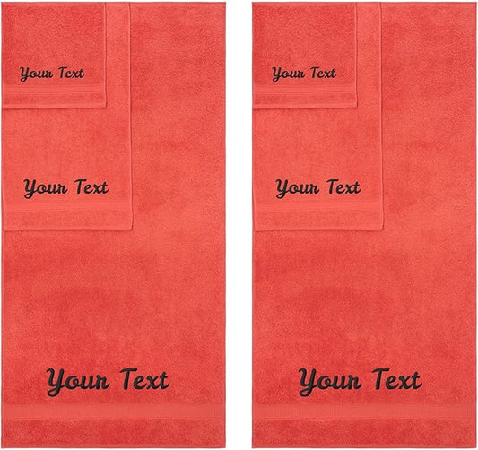 Personalized Towels, Hotel & Spa Quality, Super Soft, Highly Absorbent, Bathroom Sets, 100% Cotton Monogrammed towels 6 Piece Towel Set, Includes 2 Bath Towels, 2 Hand Towels, 2 Washcloths, Coral