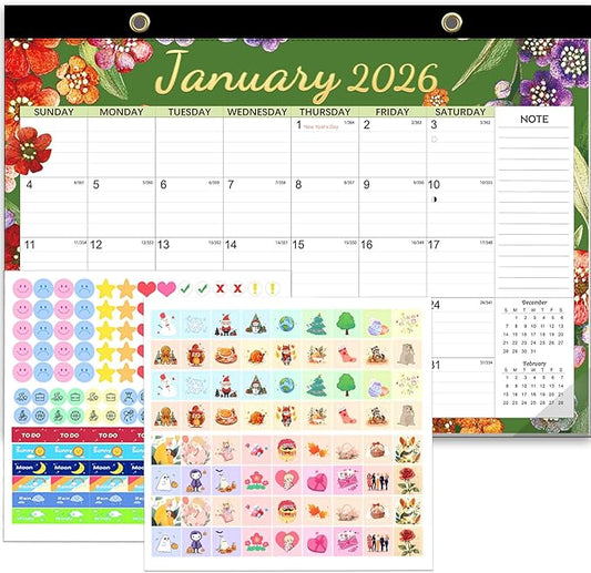 Desk Calendar 2026, Anti-Ink Bleed, Plastic Cover, Ample Space, Through July 2027 with Stickers, 17" x 12" Large Seasonal Wall Calendar 2026 for Home, Office, Student & Teacher Supplies- Flower
