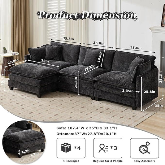 SoarFlash 113.78" Chenille Sectional Sofa, Comfy L Shaped Modular Coush Sofa with Ottoman, Modern 4 Seat Couch Deep Seat Sofa Set for Living Room,Black
