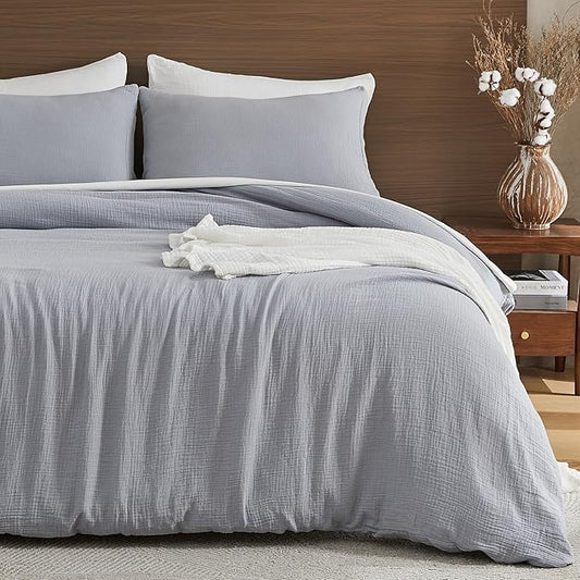 EMME Muslin Cotton Duvet Cover Set Light Grey Twin Size Linen Like Soft Breathable Lightweight Summer Comforter Cover Set with Zipper Closure (Light Grey, Twin, 68"x90")
