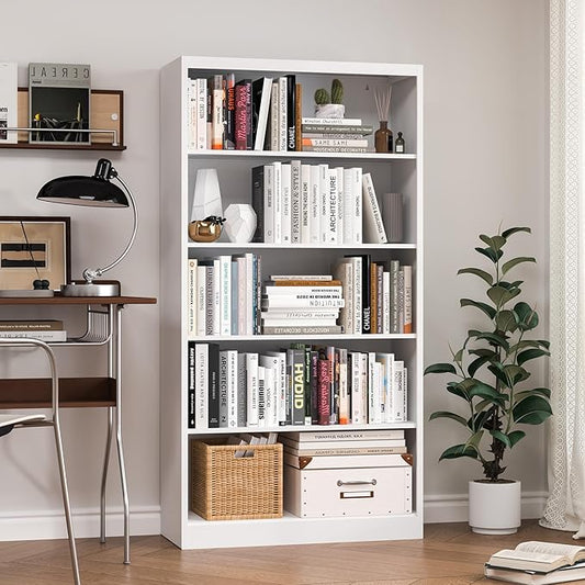 Bookcase,5 Tier White Bookshelves,55" Tall Free Standing Metal Bookcase with Adjustable Storage Shelves, Industrial Wide Bookshelf for Bedroom Living Room Home Office School (White)