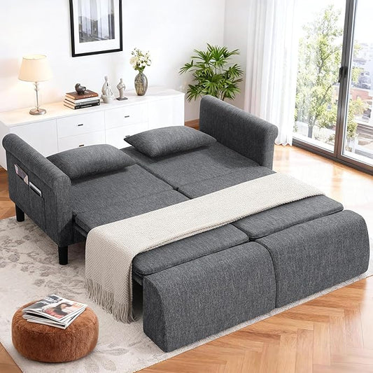 SEJOV 74" Convertible Sofa Bed, 5-in-1 Loveseat Sleeper Sofas with Pull Out Couch Bed, Storage Pockets & 2 Pillows, Modern Folding Linen Futon Couch for Living Room, Bedroom, Small Space, Dark Gray