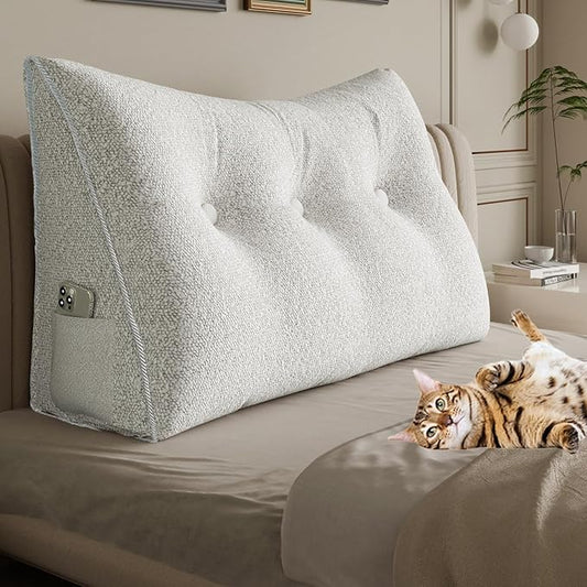8 lbs Thickened Twin Wedge Pillow Headboard College Dorm Bed Velvet Wedge Pillow Backrest Triangular Headboard Pillows with Side Pocket, Dorm Bedding Essentials for Girls & Boys, White