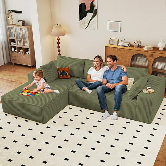 96" Modular Sectional Couch, Boneless L Shaped Cloud Sofa with Chaise Lounge, Corduroy Upholstered Couches Memory Foam Deep Seat, No Assembly Required, Ideal for Living Room(Green, Left Facing)