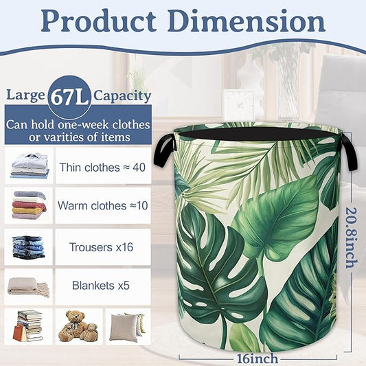 Tropical Palm Leaves Laundry Hamper With Handle,Foldable Oxford Cloth Laundry Basket,20.8"x16" Clothes Storage Basket for Laundry Room/Bedroom/Bathroom