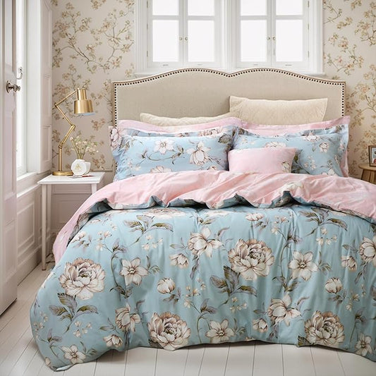 FADFAY Shabby Floral Duvet Cover Set Farmhouse Bedding Blue Cotton Summer Bedding with Hidden Zipper Closure 3 Pieces, 1duvet Cover & 2pillowcases (Full Size, Simple Style)
