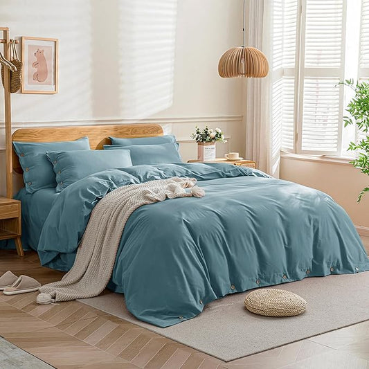 JELLYMONI Cotton Duvet Cover Cal King Size - Grayish Blue Comforter Cover with Button 100% Washed Cotton 3PCS Breathable Soft Solid Bedding Set Duvet Cover 104×98in & 2 Pillowcases (NO Comforter)
