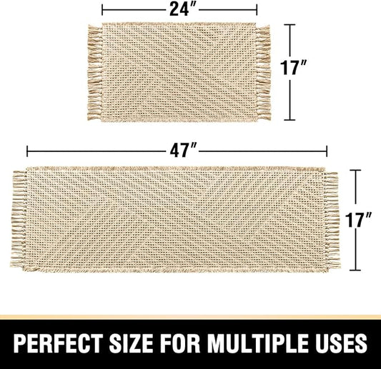 H.VERSAILTEX Waffle Bath Mat Super Absorbent Boho Bath Mat Non Slip Bath Rugs for Bathroom Floor Machine Washable Dry Fast Bathroom Rugs with Tassels (47 x 17 Plus 17 x 24 Inches, Sand)