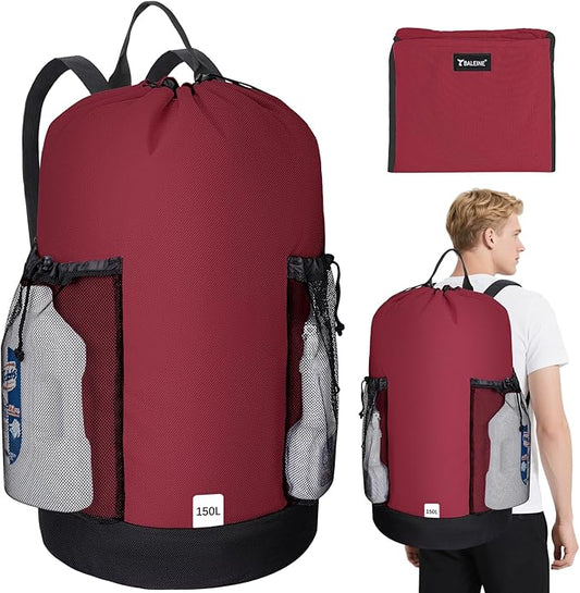 BALEINE 150L Laundry Bag Backpack, 900D Oxford Fabric Large Travel Laundry Bags with Shoulder Straps and 2 Mesh Pockets for College Dorm, Apartment, Laundromat (Red, 150L) 