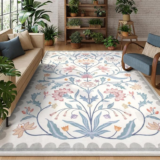 Lahome Boho Floral Washable 8 x 10 Area Rugs for Living Room, Grey/Beige Non Slip Rugs for Bedroom, Ultra-Thin Indoor Throw Dining Room Carpet for Under Table Home Office Playroom(Grey/Beige,8x10)