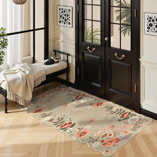 Lahome Floral Entryway Rug, 2x4 Washable Fall Kitchen Rug Ultra-Thin, Soft Non-Slip Door Mat Indoor Entrance Stain Resistant Boho Small Low-Pile Throw Carpet for Bathroom Bedroom, Brown