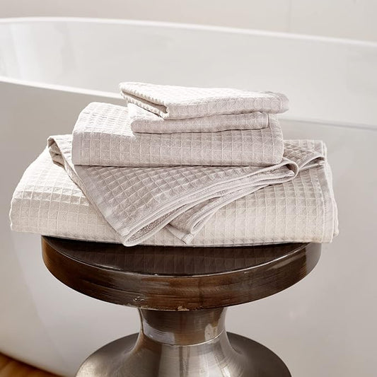 UCHINO Waffle Twist Cotton Weave Washcloth Towel for Bathroom Lightweight Absorbent Quick Dry Honeycomb Texture Solid Terry Loop Reverse 13" x 13", 1 Wash Cloth, Linen