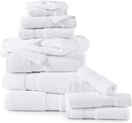 LANE LINEN 100% Mercerized Cotton Bath Towels Set of 12 – Zero Twist, 4 Bath, 4 Hand Towel & 4 Washcloths, Soft, Ideal for Spa Hotel & Home, Durable After Multiple Washes – White Towels