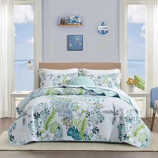 Tritard 3 Piece Coastal Beach Quilt Set King Size Ocean Beach Themed Bedding Set Microfiber Lightweight Bedspread Coverlet with 2 Shams Starfish Coral Seashell Bed Covers for All Season, 106''x96''