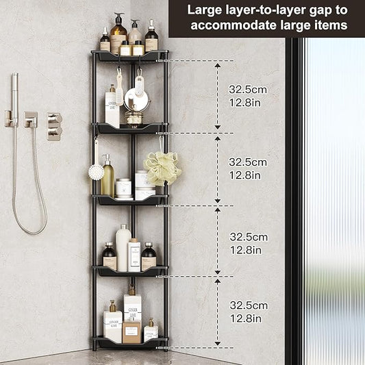 Orimade Rustproof 5 Tier Floor Standing Corner Shower Caddy Organizer, Plastic Metal Splicing Floor Corner Shelf Rack Stands for Bathroom, Black