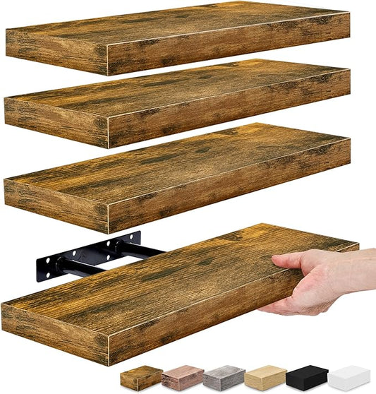 Sorbus Floating Shelves for Wall, Bathroom Shelves Wall Mounted for Kitchen, Bedroom, Living Room, Bathroom Storage, Over Toilet, Hanging Book Shelf for Wall Home Decor (Rustic Brown, 4 Pack)