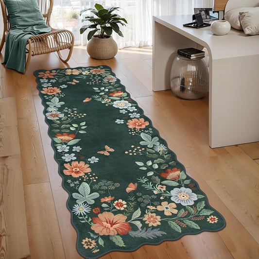 Lahome Floral Hallway Runner, 2X6 Washable Runner Rug Non-Slip, Ultra-Thin Soft Stain Resistant Boho Low-Pile Carpet for Kitchen Laundry Bathroom Bedroom, Dark Green