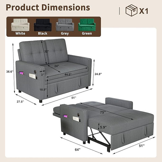 3 in 1 Convertible Sleeper Sofa Bed, Pull Out Couch with Charging Station, Corduroy Small Loveseat Sleeper Sofa with Adjustable Backrest for Apartment, Bedroom, Small Space(Dark Grey)