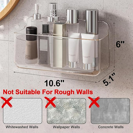 Diesisa Acrylic Wall Mount Organizer - 10.6" D x 5" W x 6" H, Large Size Adhesive Wall Self - Shower Caddies Organizer - Bathroom Shelves with Self Adhesive Tape for Bathroom, Kitchen - Large Size