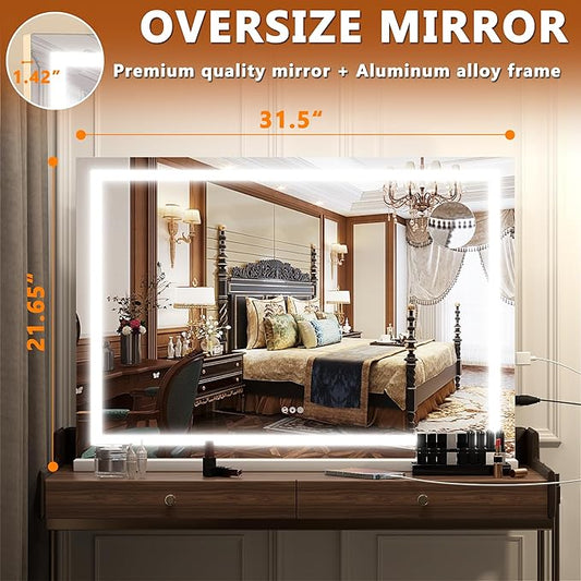 Hasipu Vanity Mirror with Lights, 32" x 22" LED Makeup Mirror, Lighted Makeup Mirror with Dimmable 3 Modes, Touch Screen Control Vanity Mirror Square White