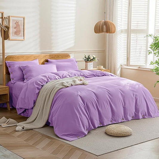 JELLYMONI Cotton Duvet Cover Queen Size - Light Purple Comforter Cover with Button 100% Washed Cotton 3PCS Breathable Soft Solid Bedding Set Duvet Cover 90×90in & 2 Pillowcases (NO Comforter)