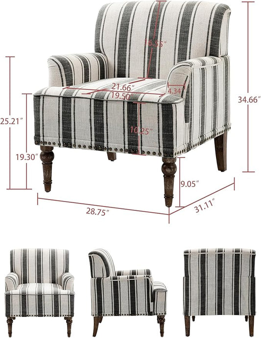 Accent Chair, Mid Century Modern Comfy Armchair for Living Room, Linen Fabric Single Sofa Lounge for Reading Bedroom Apartment Waiting Room with Wood Legs (Black Stripe, Set of 1)