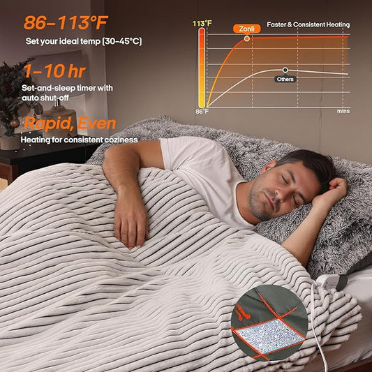 ZonLi 2-in-1 Weighted Heated Blanket for Back Pain, Heated Weighted Blankets (60”x80”,20lbs), 6 Heating Levels 1-10H Auto Off, Soft Ribbed Flannel Washable, Queen Size Chirstmas Gift for Family