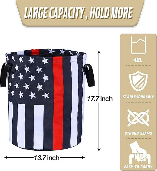 American Flag Thin Red Line Laundry Basket Foldable Oxford Cloth Funny Tote Bag Laundry Hamper Clothes Storage Bucket Organizer For Bathroom/Laundry Storage /Bedroom17.7x13.7 Inch