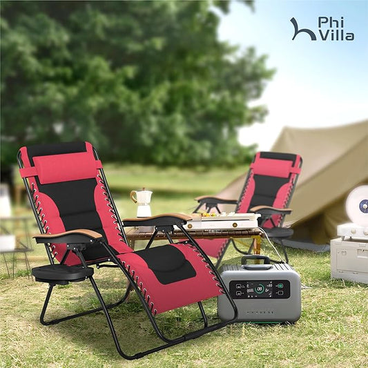 PHI VILLA XXL Oversized Padded Zero Gravity Chair Set of 2, Foldable Patio Recliner, 30" Wide Seat Anti Gravity Lounger with Armrest and Cup Holder, Support 400 LBS (Red)