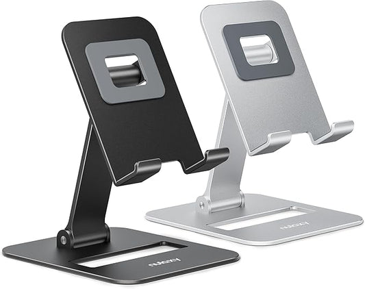 Nulaxy 2 Pack Dual Folding Cell Phone Stand, Fully Adjustable Phone Holder for Desk, Compatible with Phone 16 15 14 13 12 11, Nintendo Switch, All Phones, Black & Silver