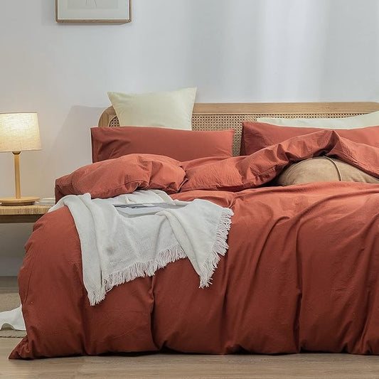 BESTOUCH Duvet Cover Set 100% Washed Cotton Linen Feel Super Soft Comfortable Chic Lightweight 3 PCs Home Bedding Set Solid Crimson Red Cal King