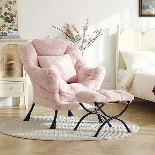 Lazy Chair with Ottoman, Large Pink Accent Chair with Ottoman and FA Throw Pillow, Comfy Plush Reading Chair for Living Room Bedroom Dorm Room Office Apartment Relaxing Use Dormly