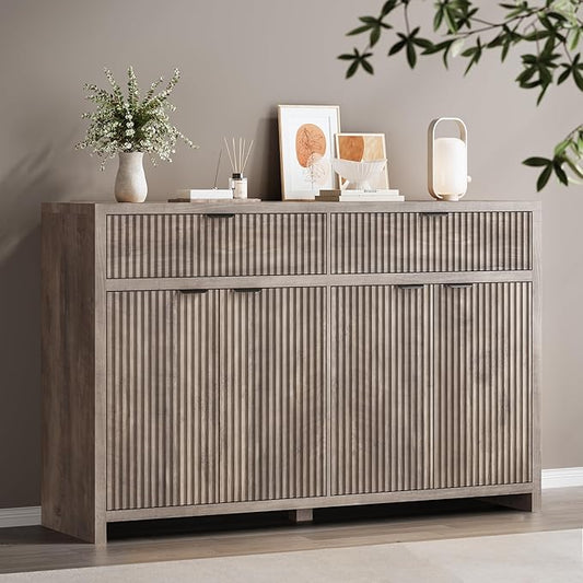Fluted Sideboard Buffet Cabinet with Storage Drawers, 55" Large Accent Storage Cabinet with Doors and Adjustable Shelf, Modern Farmhouse Credenza for Entryway, Kitchen, Living Room - Gray