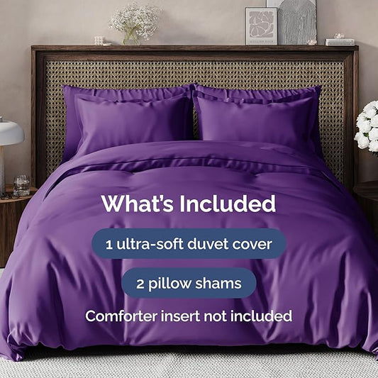 Duvet Cover Queen Size Set - Extra Soft Queen Size Duvet Cover 90 x 90 with 2 Pillow Shams - Hotel Luxury Easy Care and Fade Free with Zipper Closures & Ties - Comfy Breathable Bedding Set (Purple)