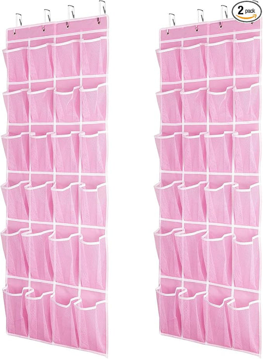 2 Pack Hanging Shoe Organizer,Over Door Shoe Organizer with 24 Mesh Large Pockets Shoe Storage Bag for Sport Shoes Size:58x21 Inch Hanging Door Shoe Rack Organizer (Pink-2pack)