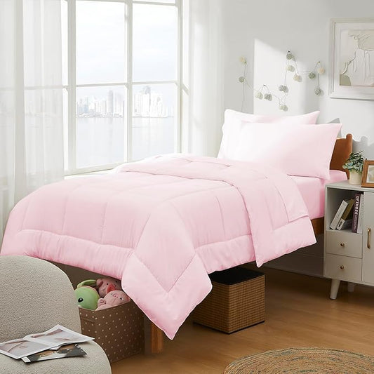 Dorm Room Essentials College Bedding Comforter Set 5 Piece Twin XL Size Bed in a Bag for College Students Boys and Girls, Twin XL, Pale Pink