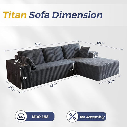 MAXYOYO 104" Modular Sectional Couch with L-Shape Chaise, Modern Boneless Couch for Living Room, Sofa in A Box, Oversized Sofa Sleeper with Deep Seat, No Assembly Required, Dark Grey