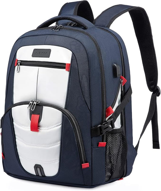 LOVEVOOK 17 inch Blue&White Travel Laptop Backpack with USB Charging Port, Anti-Theft, Water-Resistant, Modern Practical Unisex College/University Backpack