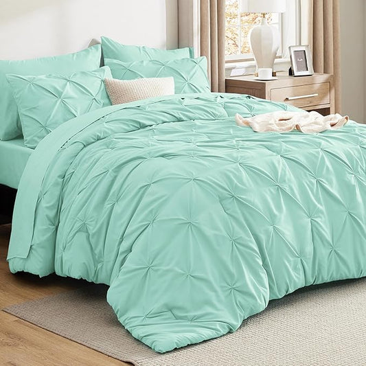 Bedsure Queen Comforter Set Mint Green - Bed in a Bag Queen Size Bedding 7 Pieces, GentleSoft™ Pintuck Bed Set Gift for Family, Pinch Pleat All Season Comforter with Sheets, Pillowcases & Shams