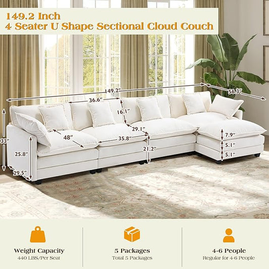 149.2" Modular Sectional Sofa,L Shaped Couch for Living Room,Modern Deep Seat Sofa 4 Seater Chenille Fabric Comfy Cloud Couches with Throw Pillows & Movable Ottoman