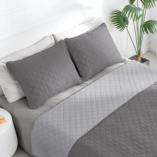 Easy-Going Queen Plus Size Reversible Quilt Set with 1 Quilt and 2 Pillow Shams, Soft Bed Quilt Cover, Water Resistant Lightweight Microfiber Bedspread, Stain Resistant, Gray/Light Gray