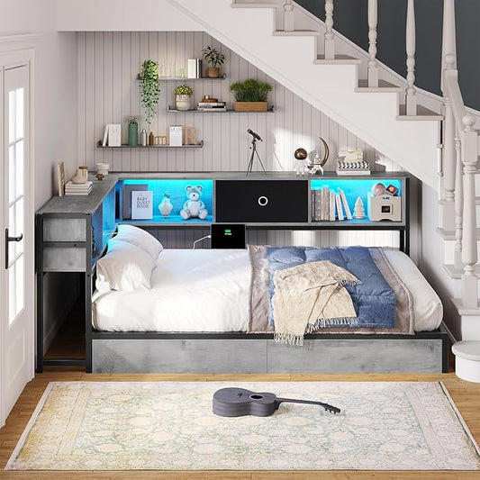 Hasuit Full Corner Bed Frame with Storage Drawers and Bookcase Headboard, Full Size Metal Platform Corner Bed Frame with Charging Station and LED Lights, Full Daybed for Kids Teens Guests, Oak Gray
